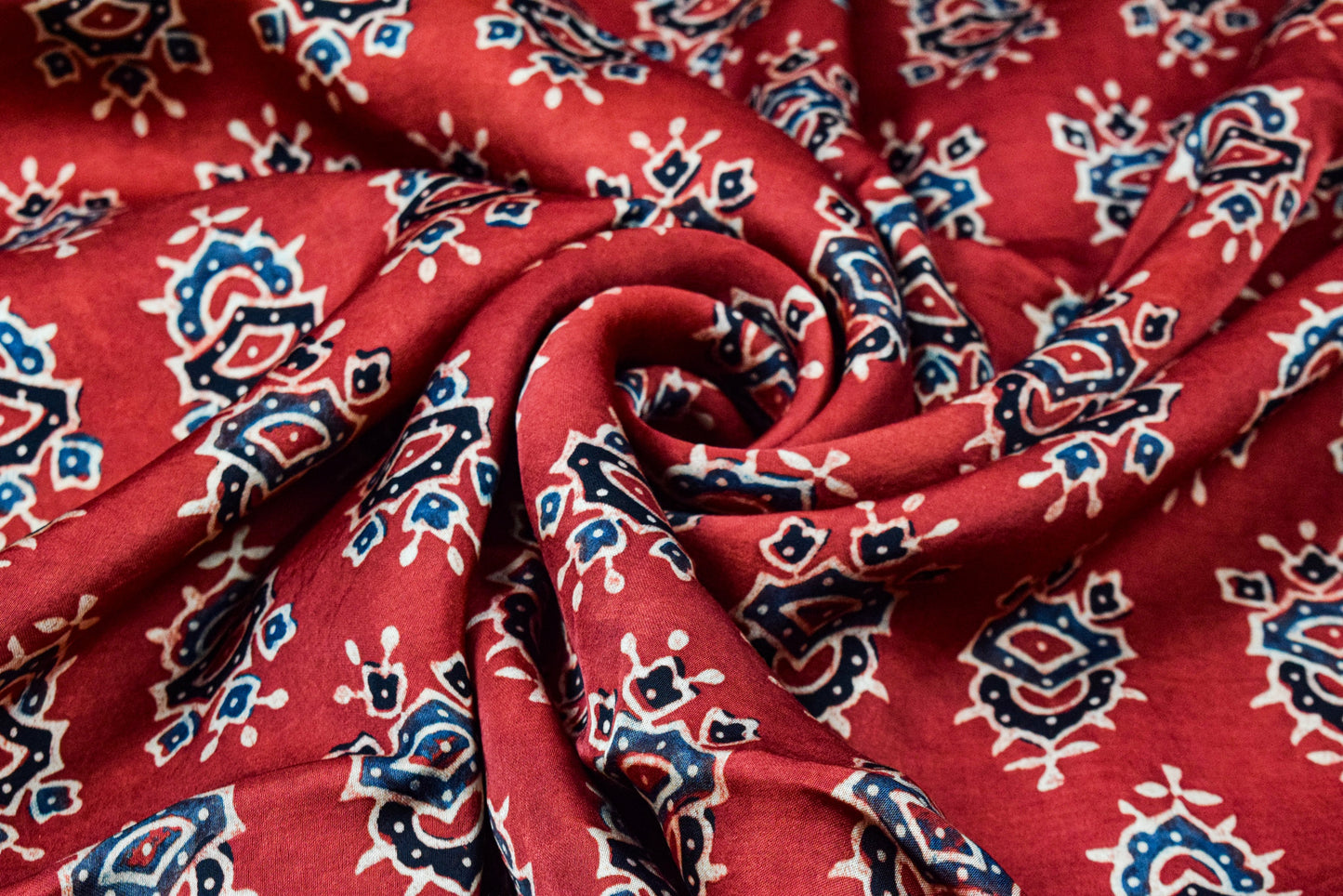 Ajrakh Modal Silk Natural Dye Hand Block Print Unstitched Kurta Fabric  Mtr Length  3 Mtr  Length  -  SKU : AI06402E