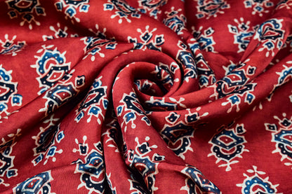 Ajrakh Modal Silk Natural Dye Hand Block Print Unstitched Kurta Fabric  Mtr Length  3 Mtr  Length  -  SKU : AI06402E