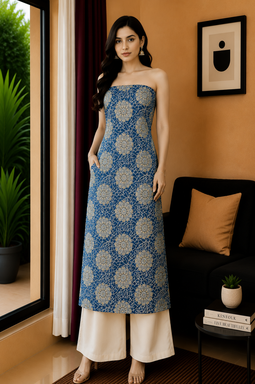 Ajrakh Cotton Natural Dye Screen Print Hand Printed Unstitched Kurta Fabric  2.5 Mtr Length - SKU : MK01B02E
