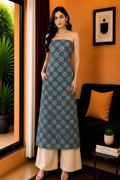 Ajrakh Dola Silk Natural Dye Hand Printed Unstitched Kurta Fabric   2.5 Mtr  Length  -  SKU : ID24102B