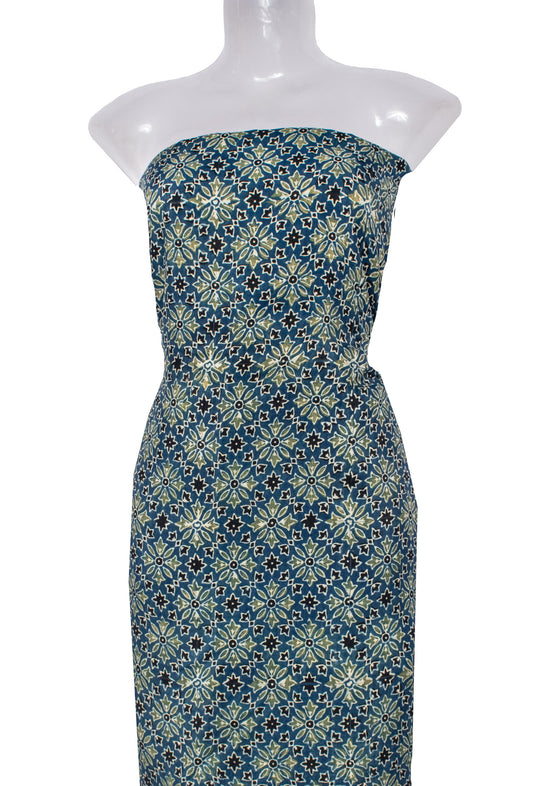 Ajrakh Dola Silk Natural Dye Hand Printed Unstitched Kurta Fabric   2.5 Mtr  Length  -  SKU : ID24102B