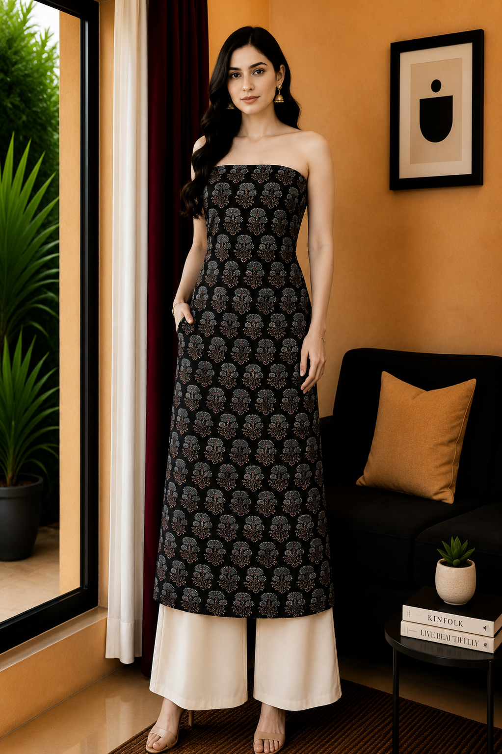 Ajrakh Kala Cotton Natural Dye Three Colour Print ( 3 Kam ) Hand Block Print Unstitched Kurta Fabric   2.5 Mtr  Length  -  SKU : DB07201F