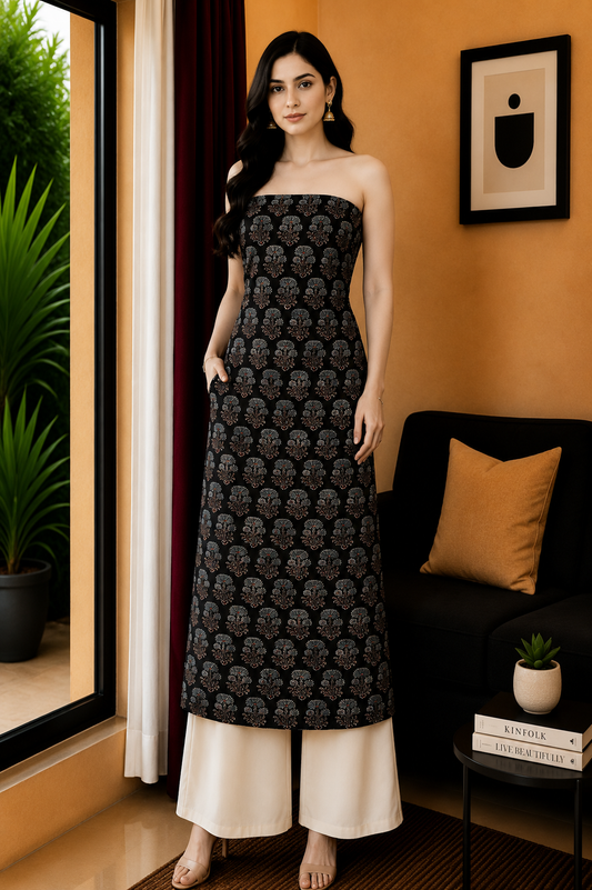 Ajrakh Kala Cotton Natural Dye Three Colour Print ( 3 Kam ) Hand Block Print Unstitched Kurta Fabric   2.5 Mtr  Length  -  SKU : DB07201F