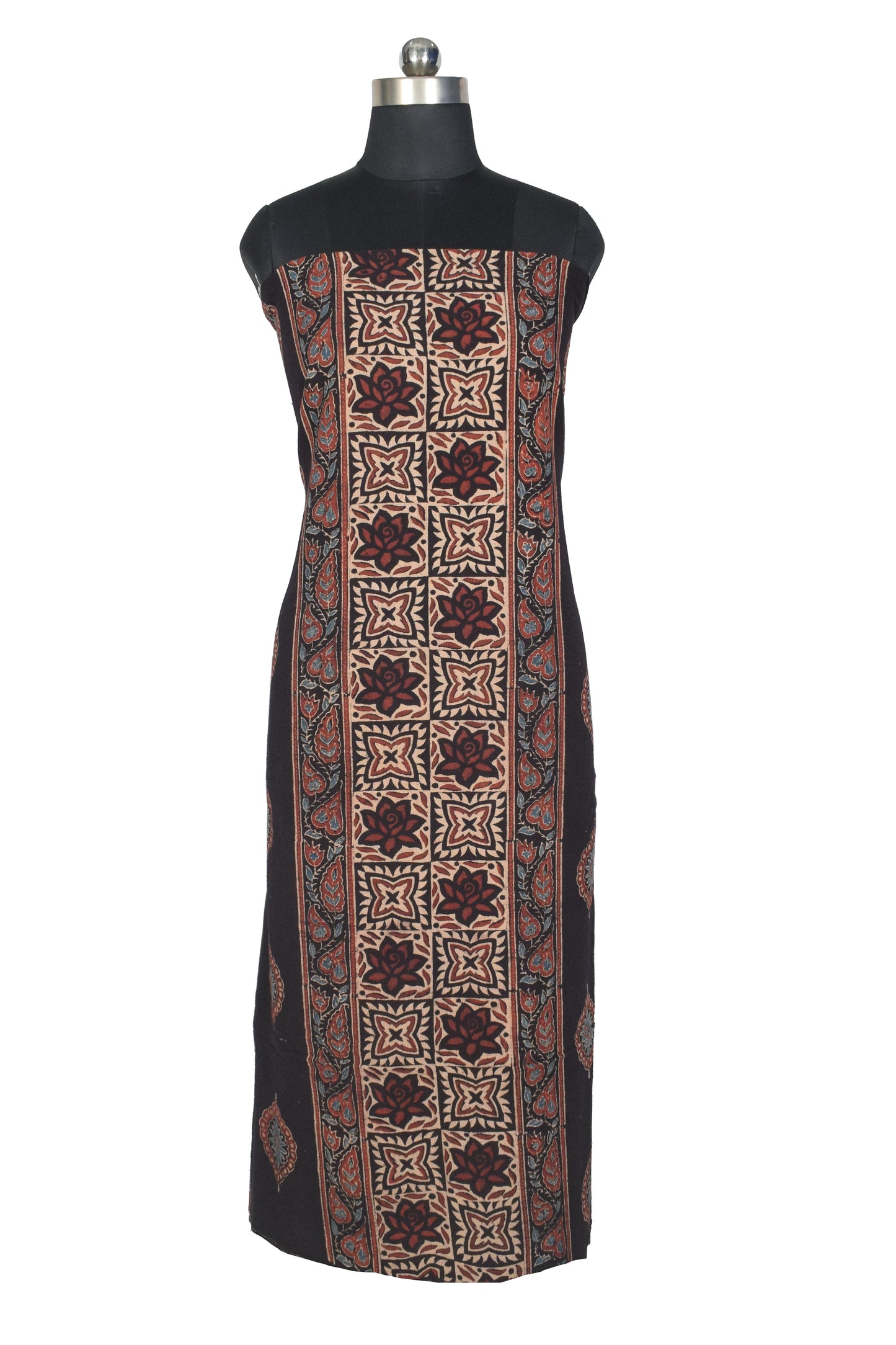 Ajrakh Kala Cotton Natural Dye Three Colour Print ( 3 Kam ) Hand Block Print Unstitched Kurta Fabric 2.4 Mtr  Length  -  SKU : DB16C01A