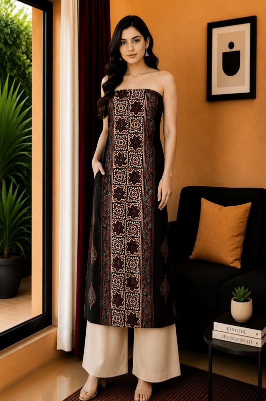 Ajrakh Kala Cotton Natural Dye Three Colour Print ( 3 Kam ) Hand Block Print Unstitched Kurta Fabric 2.4 Mtr  Length  -  SKU : DB16C01B