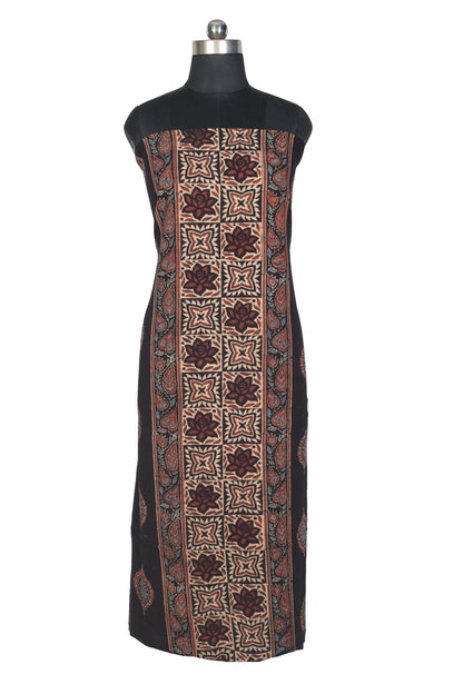 Ajrakh Kala Cotton Natural Dye Three Colour Print ( 3 Kam ) Hand Block Print Unstitched Kurta Fabric 2.4 Mtr  Length  -  SKU : DB16C01B