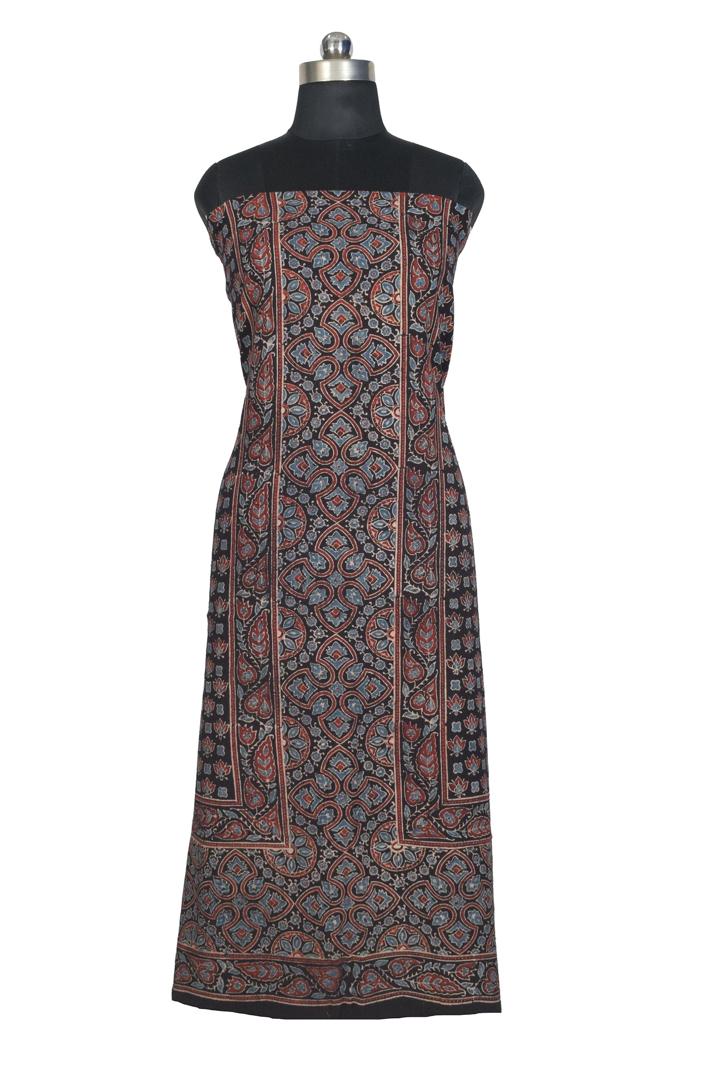 Ajrakh Kala Cotton Natural Dye Three Colour Print ( 3 Kam ) Hand Block Print Unstitched Kurta Fabric 2.4 Mtr  Length  -  SKU : DB16C01C