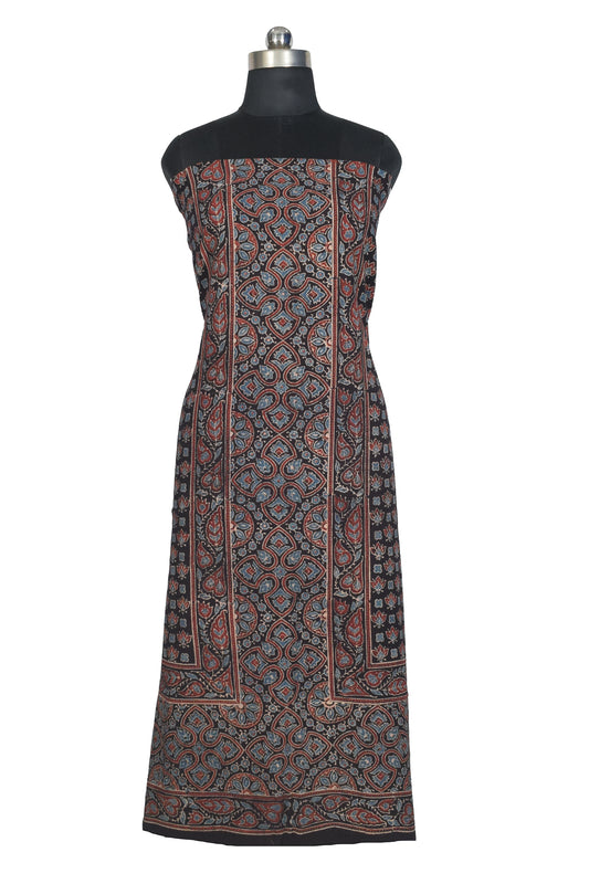 Ajrakh Kala Cotton Natural Dye Three Colour Print ( 3 Kam ) Hand Block Print Unstitched Kurta Fabric 2.4 Mtr  Length  -  SKU : DB16C01C
