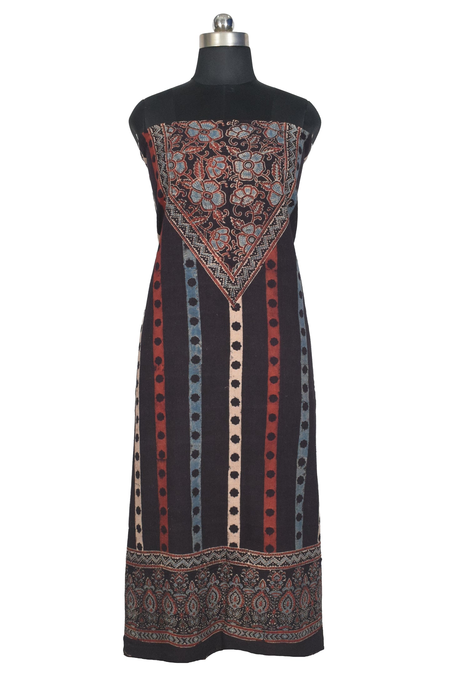 Ajrakh Kala Cotton Natural Dye Three Colour Print ( 3 Kam ) Hand Block Print Unstitched Kurta Fabric 2.4 Mtr  Length  -  SKU : DB16C01E