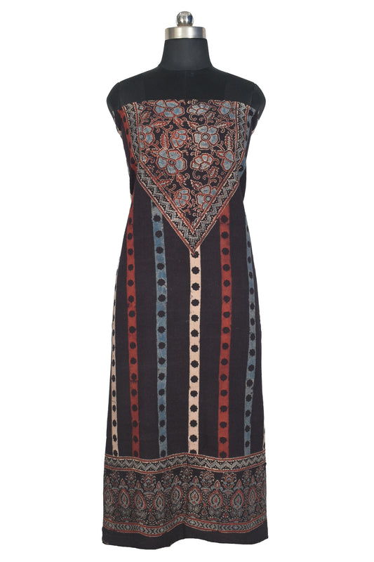 Ajrakh Kala Cotton Natural Dye Three Colour Print ( 3 Kam ) Hand Block Print Unstitched Kurta Fabric 2.4 Mtr  Length  -  SKU : DB16C01E