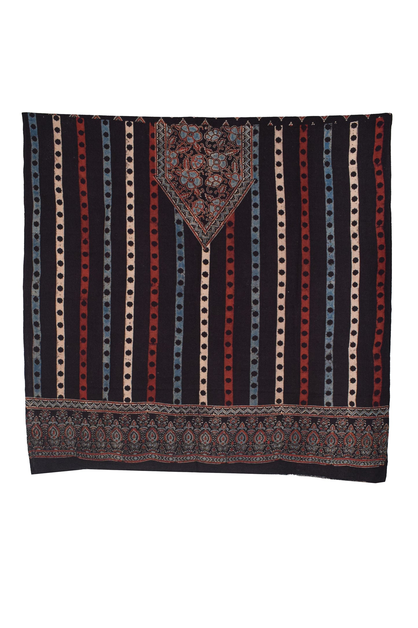 Ajrakh Kala Cotton Natural Dye Three Colour Print ( 3 Kam ) Hand Block Print Unstitched Kurta Fabric 2.4 Mtr  Length  -  SKU : DB16C01E