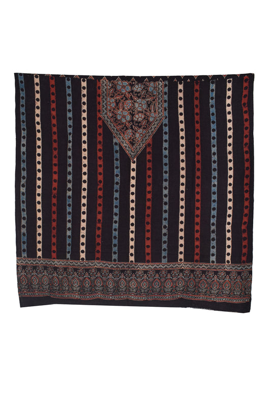 Ajrakh Kala Cotton Natural Dye Three Colour Print ( 3 Kam ) Hand Block Print Unstitched Kurta Fabric 2.4 Mtr  Length  -  SKU : DB16C01E