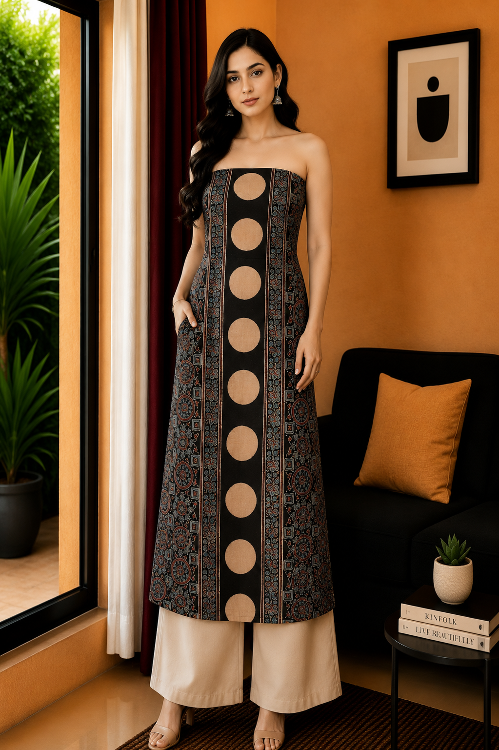 Ajrakh Kala Cotton Natural Dye Three Colour Print ( 3 Kam ) Hand Block Print Unstitched Kurta Fabric 2.4 Mtr  Length  -  SKU : DB16C01F