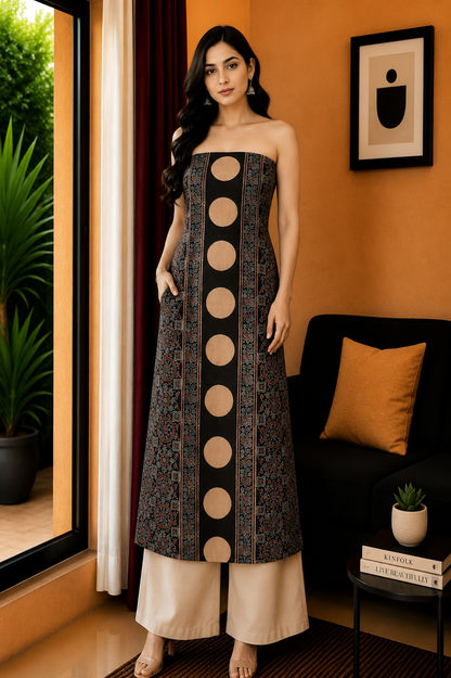 Ajrakh Kala Cotton Natural Dye Three Colour Print ( 3 Kam ) Hand Block Print Unstitched Kurta Fabric 2.4 Mtr  Length  -  SKU : DB16C01F
