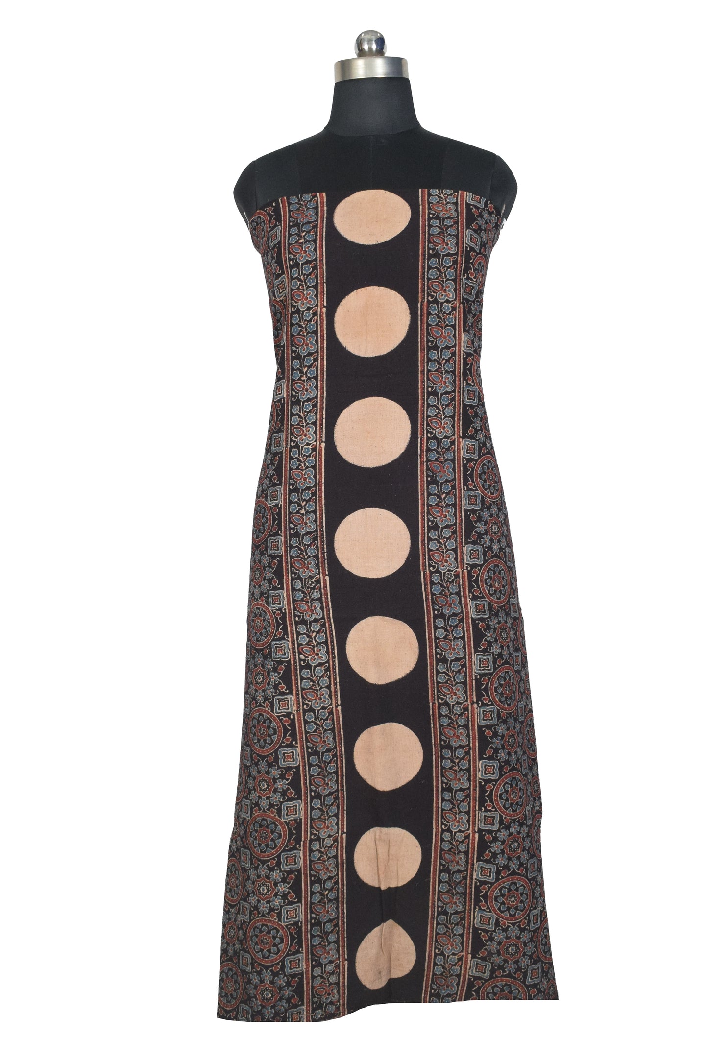 Ajrakh Kala Cotton Natural Dye Three Colour Print ( 3 Kam ) Hand Block Print Unstitched Kurta Fabric 2.4 Mtr  Length  -  SKU : DB16C01F