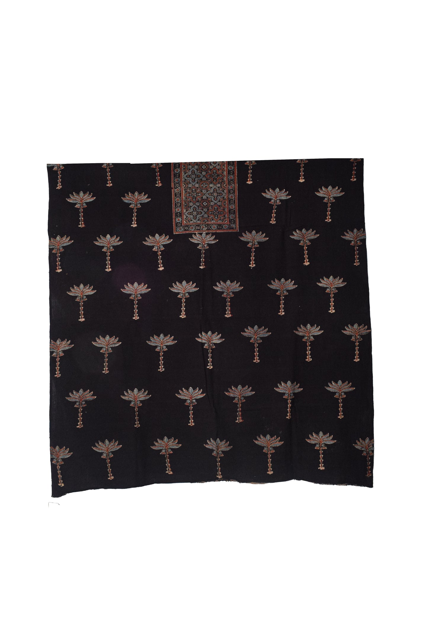Ajrakh Kala Cotton Natural Dye Three Colour Print ( 3 Kam ) Hand Block Print Unstitched Kurta Fabric 2.4 Mtr  Length  -  SKU : DB16C01G