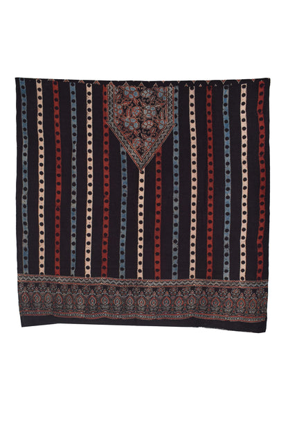 Ajrakh Kala Cotton Natural Dye Three Colour Print ( 3 Kam ) Hand Block Print Unstitched Kurta Fabric 2.4 Mtr  Length  -  SKU : DB16C01H