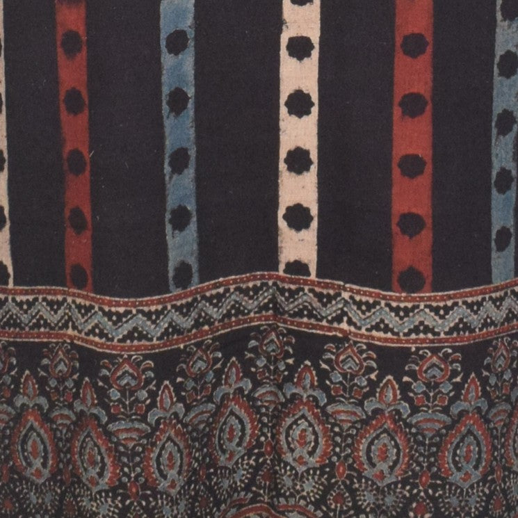 Ajrakh Kala Cotton Natural Dye Three Colour Print ( 3 Kam ) Hand Block Print Unstitched Kurta Fabric 2.4 Mtr  Length  -  SKU : DB16C01H