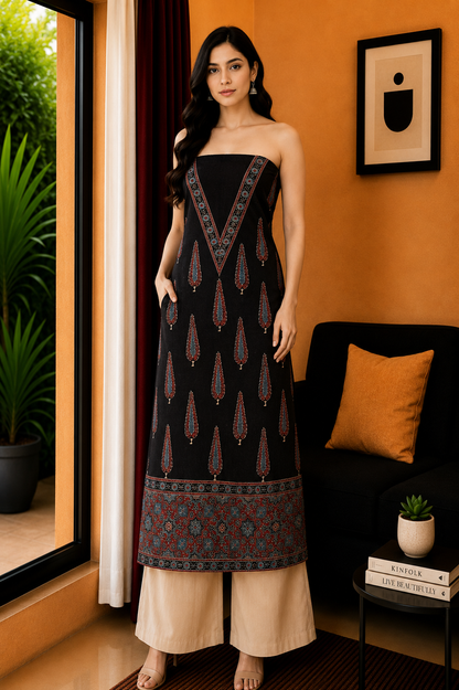 Ajrakh Kala Cotton Natural Dye Three Colour Print ( 3 Kam ) Hand Block Print Unstitched Kurta Fabric 2.4 Mtr  Length  -  SKU : DB16C01I