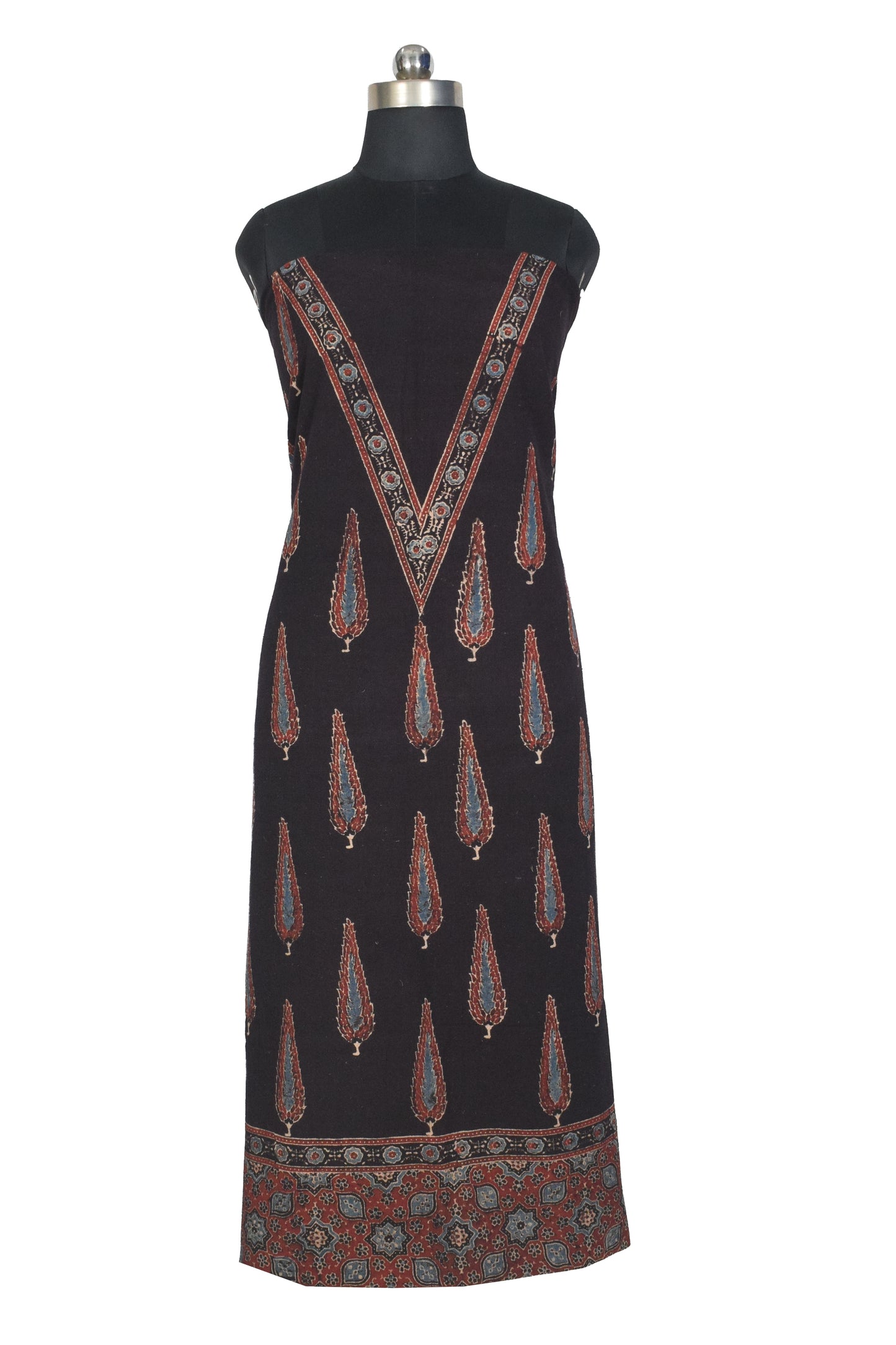 Ajrakh Kala Cotton Natural Dye Three Colour Print ( 3 Kam ) Hand Block Print Unstitched Kurta Fabric 2.4 Mtr  Length  -  SKU : DB16C01I