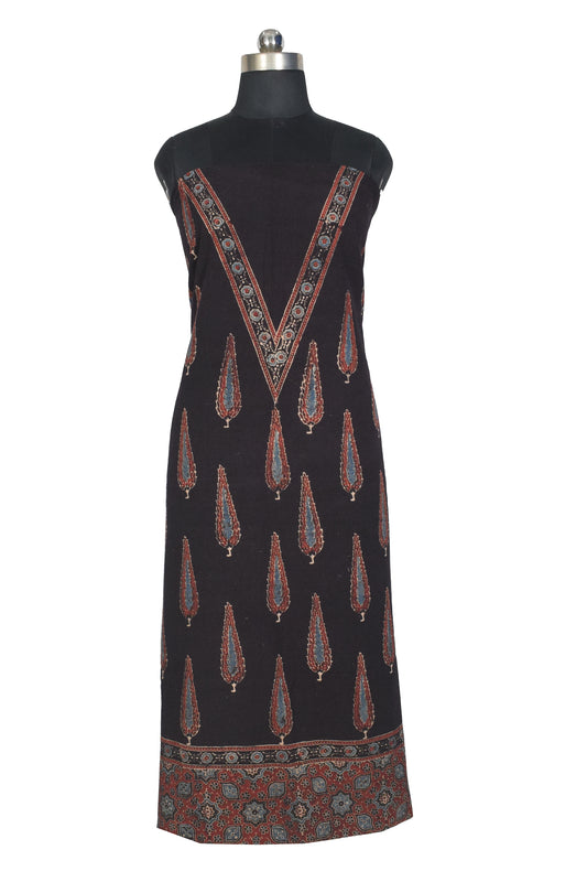 Ajrakh Kala Cotton Natural Dye Three Colour Print ( 3 Kam ) Hand Block Print Unstitched Kurta Fabric 2.4 Mtr  Length  -  SKU : DB16C01I