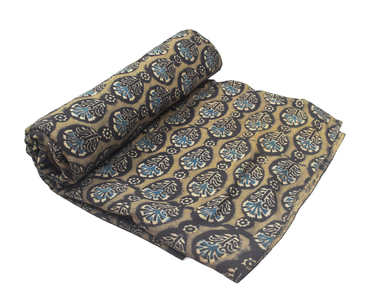 Ajrakh Kala Cotton Natural Dye Three Colour Print | 3 Kam | Hand Block Print Unstitched Kurta Fabric  2.50 Mtr  Length  -  SKU : DB31701C