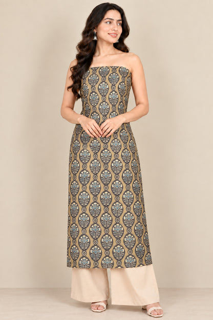 Ajrakh Kala Cotton Natural Dye Three Colour Print | 3 Kam | Hand Block Print Unstitched Kurta Fabric  2.50 Mtr  Length  -  SKU : DB31701C