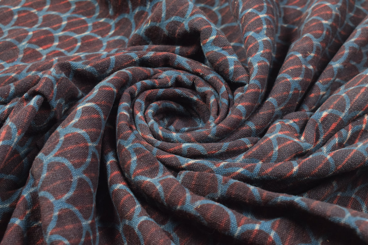Ajrakh Kala Cotton Natural Dye Three Colour Print | 3 Kam | Hand Block Print Unstitched Kurta Fabric  1.65 Mtr  Length  -  SKU : DB09901D