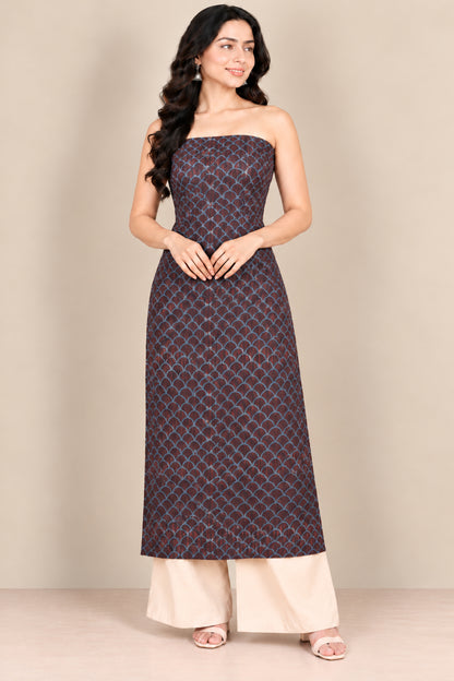 Ajrakh Kala Cotton Natural Dye Three Colour Print | 3 Kam | Hand Block Print Unstitched Kurta Fabric  1.65 Mtr  Length  -  SKU : DB09901D