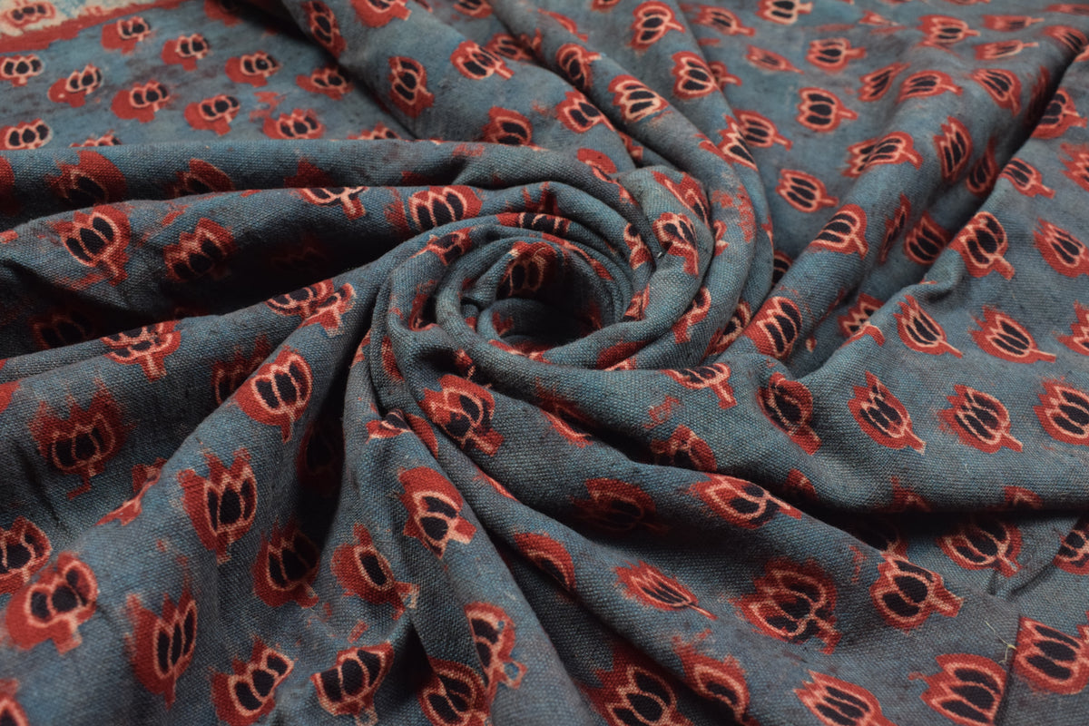 Ajrakh Kala Cotton Natural Dye Three Colour Print | 3 Kam | Hand Block Print Unstitched Kurta Fabric  3.25 Mtr  Length  -  SKU : DB31701A