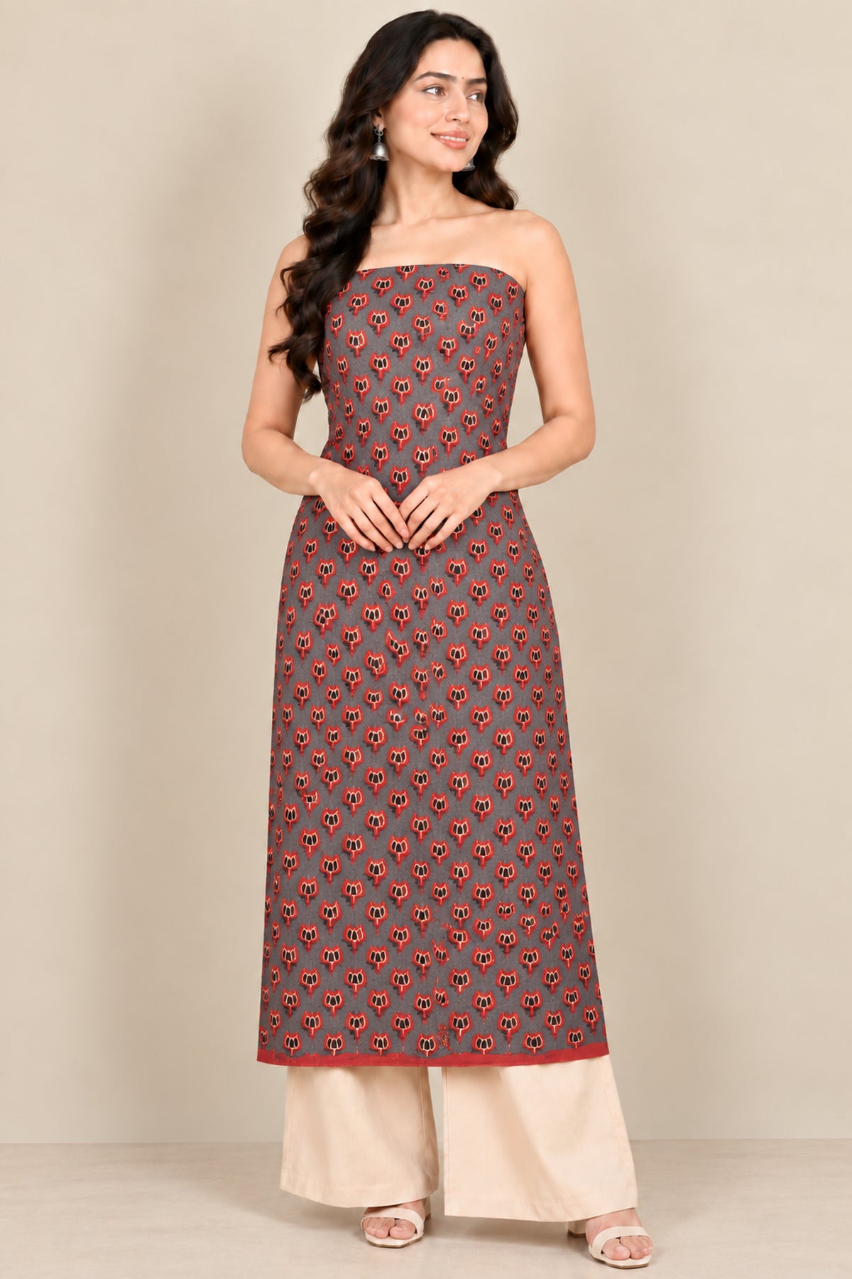 Ajrakh Kala Cotton Natural Dye Three Colour Print | 3 Kam | Hand Block Print Unstitched Kurta Fabric  3.25 Mtr  Length  -  SKU : DB31701A