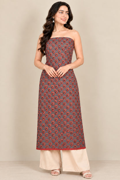 Ajrakh Kala Cotton Natural Dye Three Colour Print | 3 Kam | Hand Block Print Unstitched Kurta Fabric  3.25 Mtr  Length  -  SKU : DB31701A