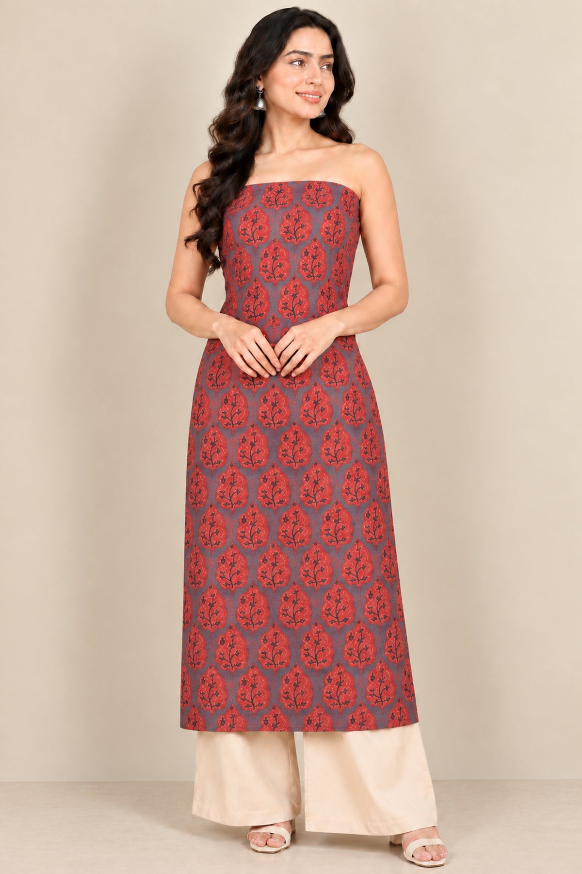 Ajrakh Kala Cotton Natural Dye Three Colour Print | 3 Kam | Hand Block Print Unstitched Kurta Fabric  2.65 Mtr  Length  -  SKU : DB31701E