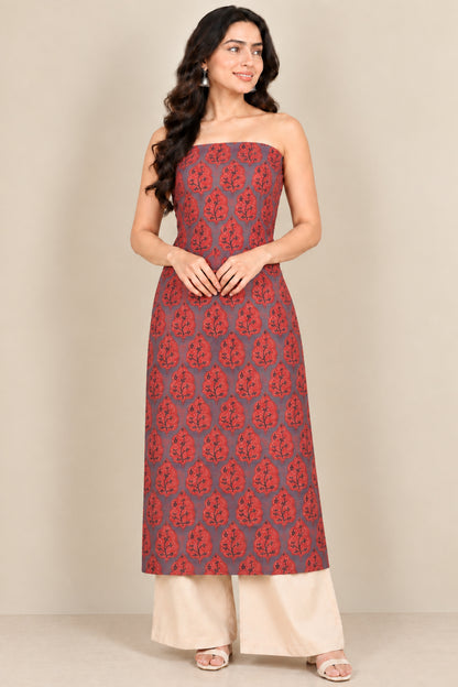 Ajrakh Kala Cotton Natural Dye Three Colour Print | 3 Kam | Hand Block Print Unstitched Kurta Fabric  2.65 Mtr  Length  -  SKU : DB31701E