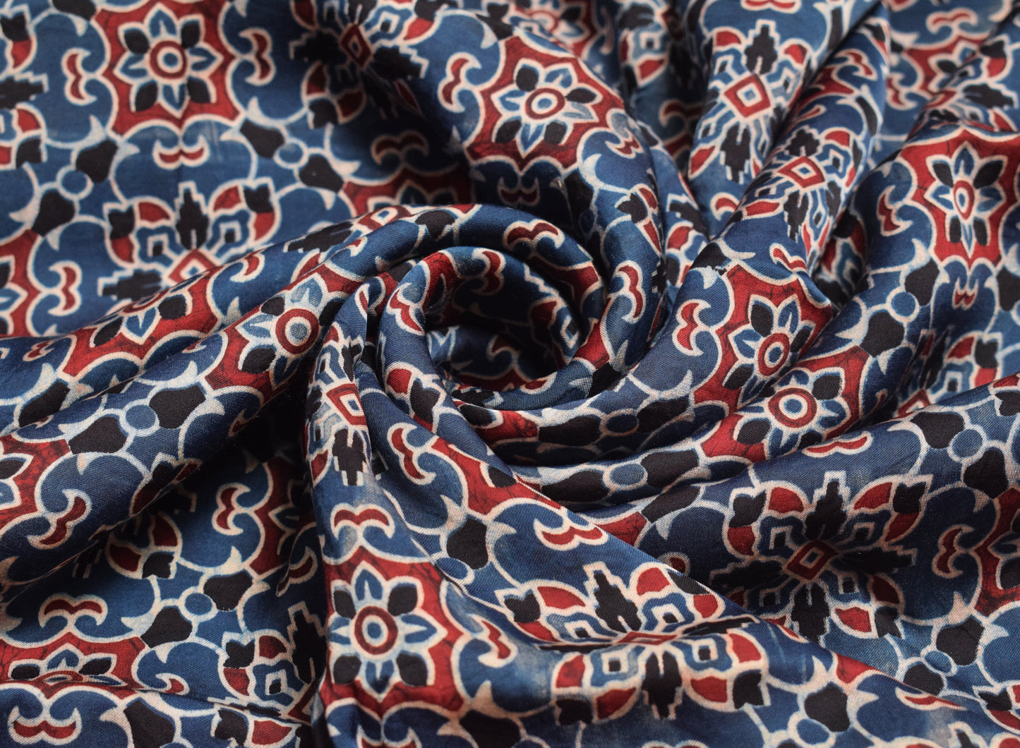 Ajrakh Modal Silk Natural Dye Screen Print Hand Printed Unstitched Kurta Fabric    2.5 Mtr  Length  -  SKU : JB23B03O