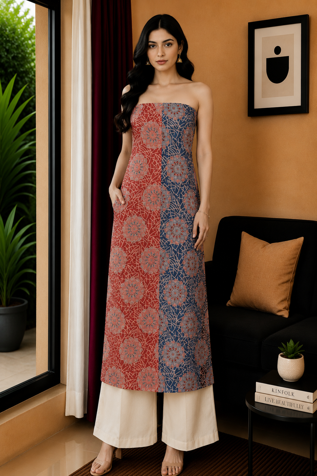 Ajrakh Cotton Natural Dye Applique Work Unstitched Kurta Fabric  Mtr Length  2.5 Mtr  Length  -  SKU : EK18B02B