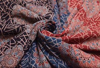 Ajrakh Cotton Natural Dye Applique Work Unstitched Kurta Fabric    2.5 Mtr  Length  -  SKU : EK18B02B