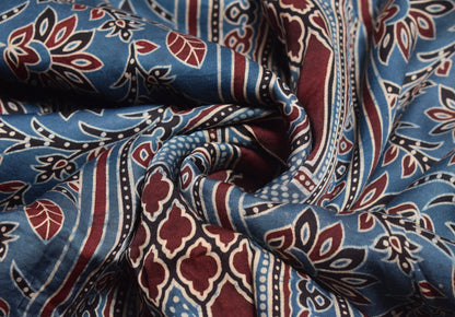 Ajrakh Modal Silk Natural Dye Panel design Screen Print Hand Printed Unstitched Kurta Fabric    2.5 Mtr  Length  -  SKU : JB23B02B