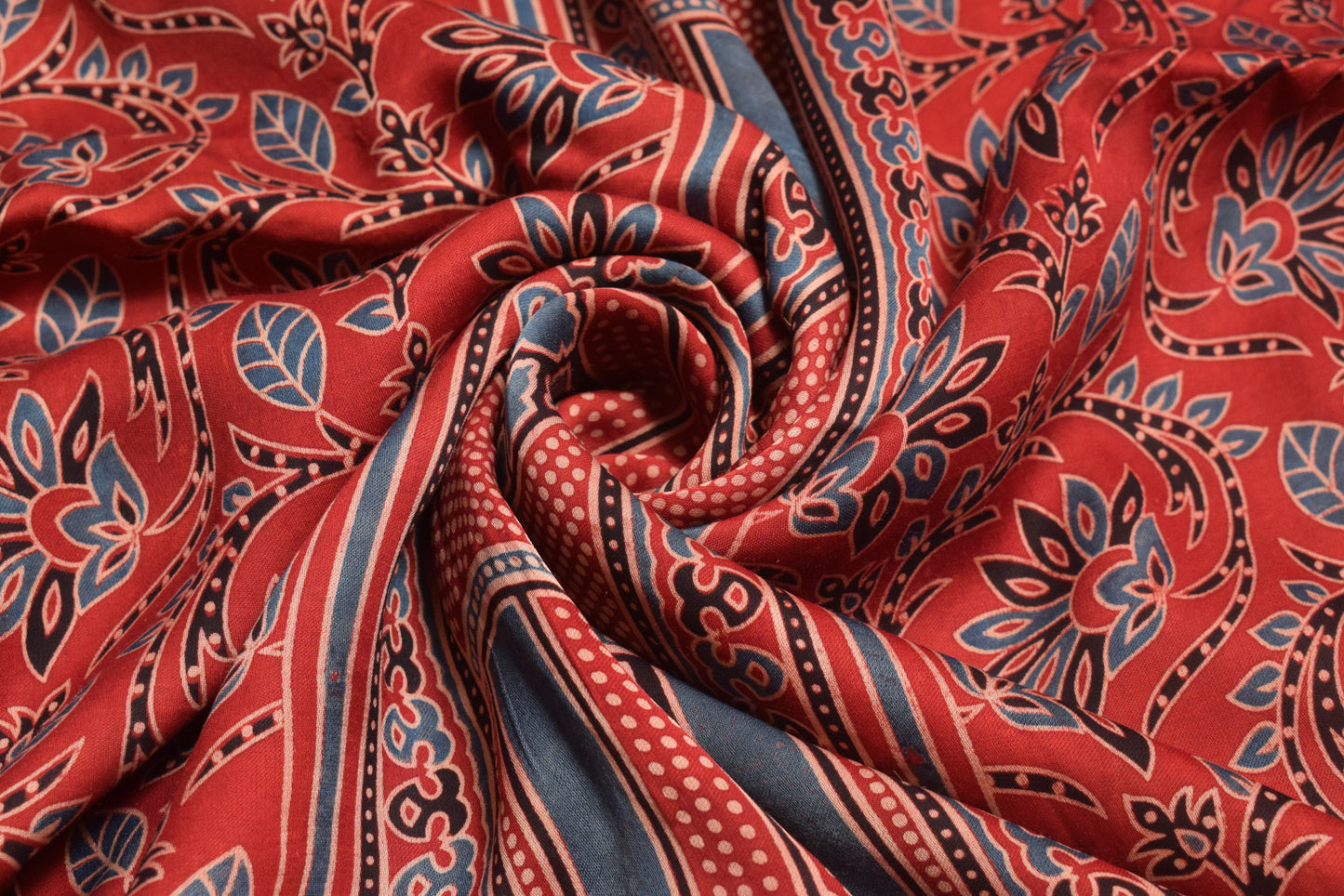 Ajrakh Modal Silk Natural Dye Panel design Screen Print Hand Printed Unstitched Kurta Fabric    2.5 Mtr  Length  -  SKU : JB23B02D