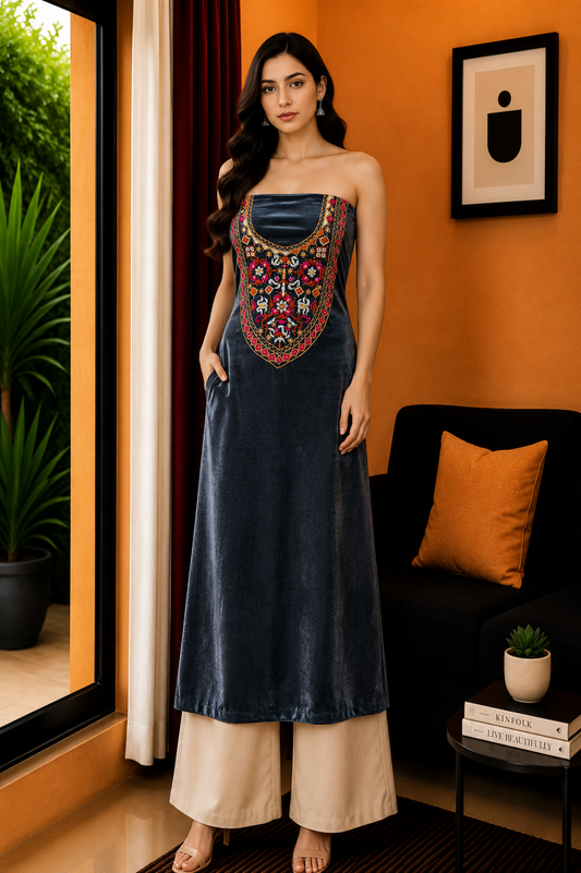 Pakko Work Mashru Silk Unstitched Kurta Fabric with Hand Embroidered Yoke for Kurta   2.0 Mtr  Length  -  SKU : SH07506A