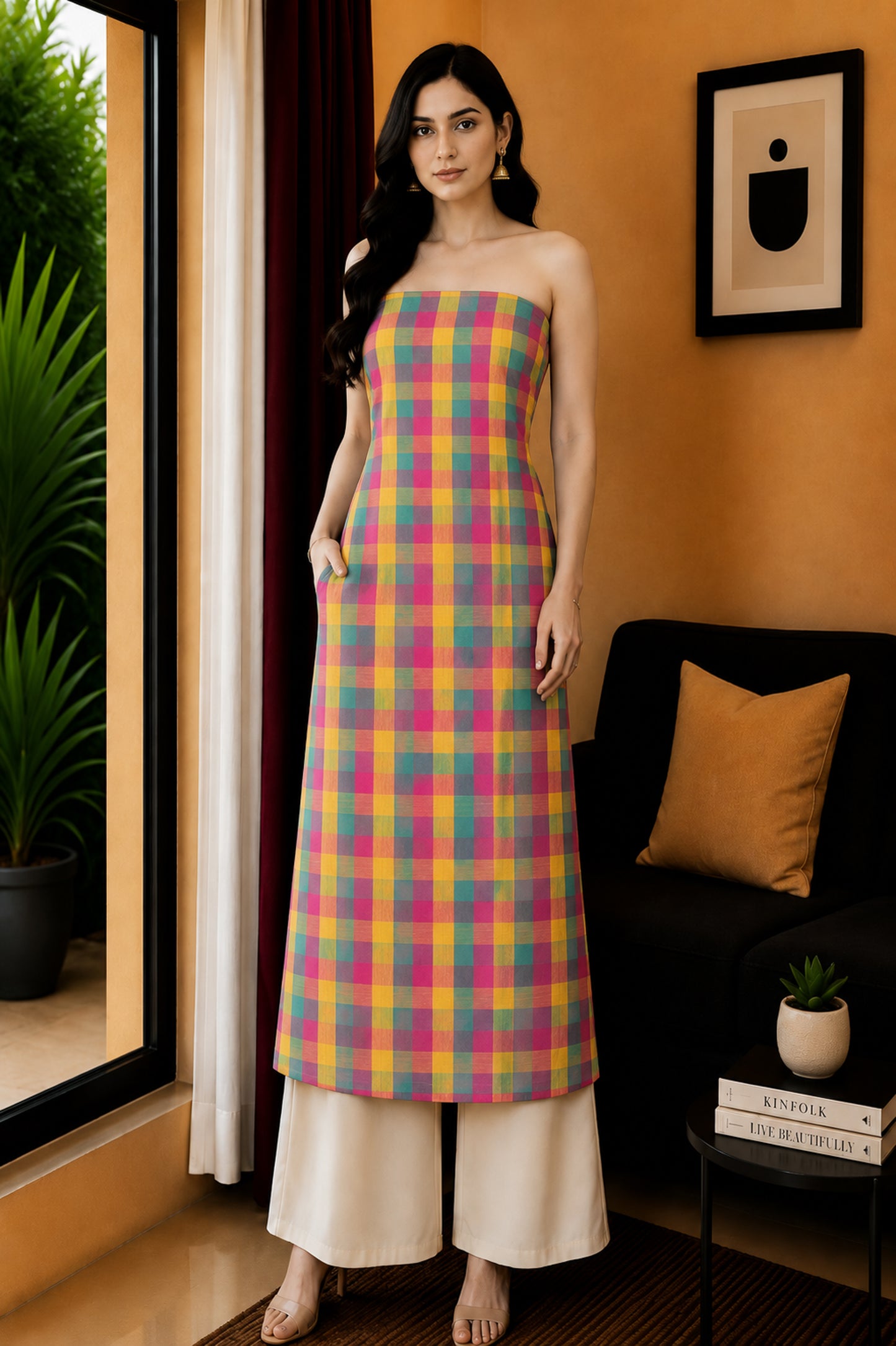Weaving Design Kala Cotton Small Chex Designs Handloom Woven Unstitched Kurta Fabric  2.50 Mtr  Length  -  SKU : DB26602A