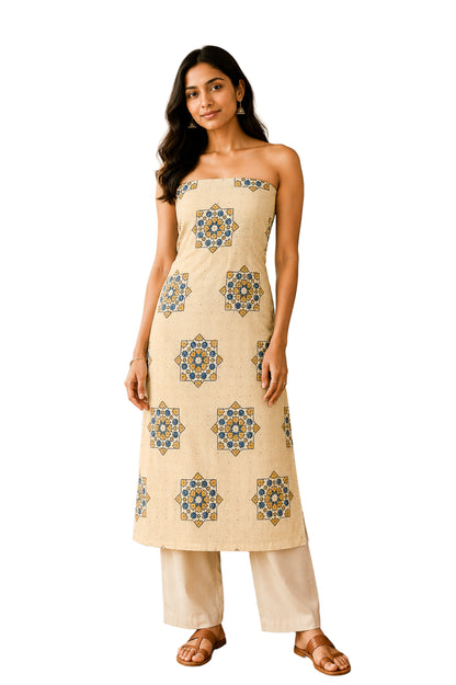 Ajrakh Cotton Natural Dye Hakoba Design Hand Block Print Unstitched Kurta Fabric  Mtr Length  2.5 Mtr  Length  -  SKU : MK12901M