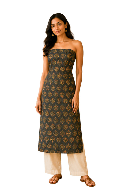 Ajrakh Cotton Natural Dye Hakoba Design Hand Block Print Unstitched Kurta Fabric  Mtr Length  2.5 Mtr  Length  -  SKU : AI06A04B