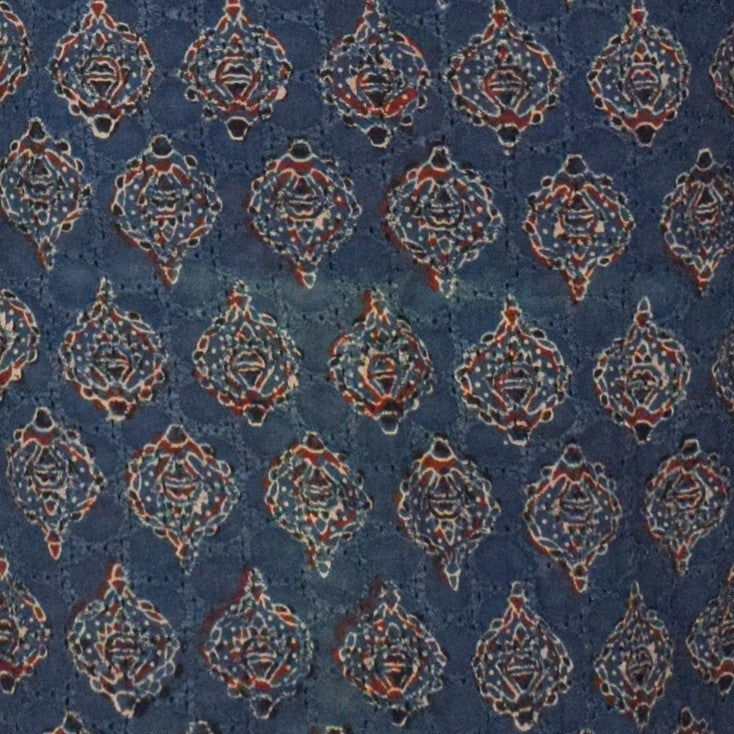 Ajrakh Cotton Natural Dye Hakoba Design Hand Block Print Unstitched Kurta Fabric  Mtr Length  2.5 Mtr  Length  -  SKU : AI06A04F