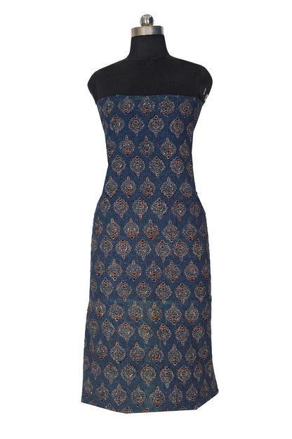 Ajrakh Cotton Natural Dye Hakoba Design Hand Block Print Unstitched Kurta Fabric  Mtr Length  1.5 Mtr  Length  -  SKU : AI06A05F