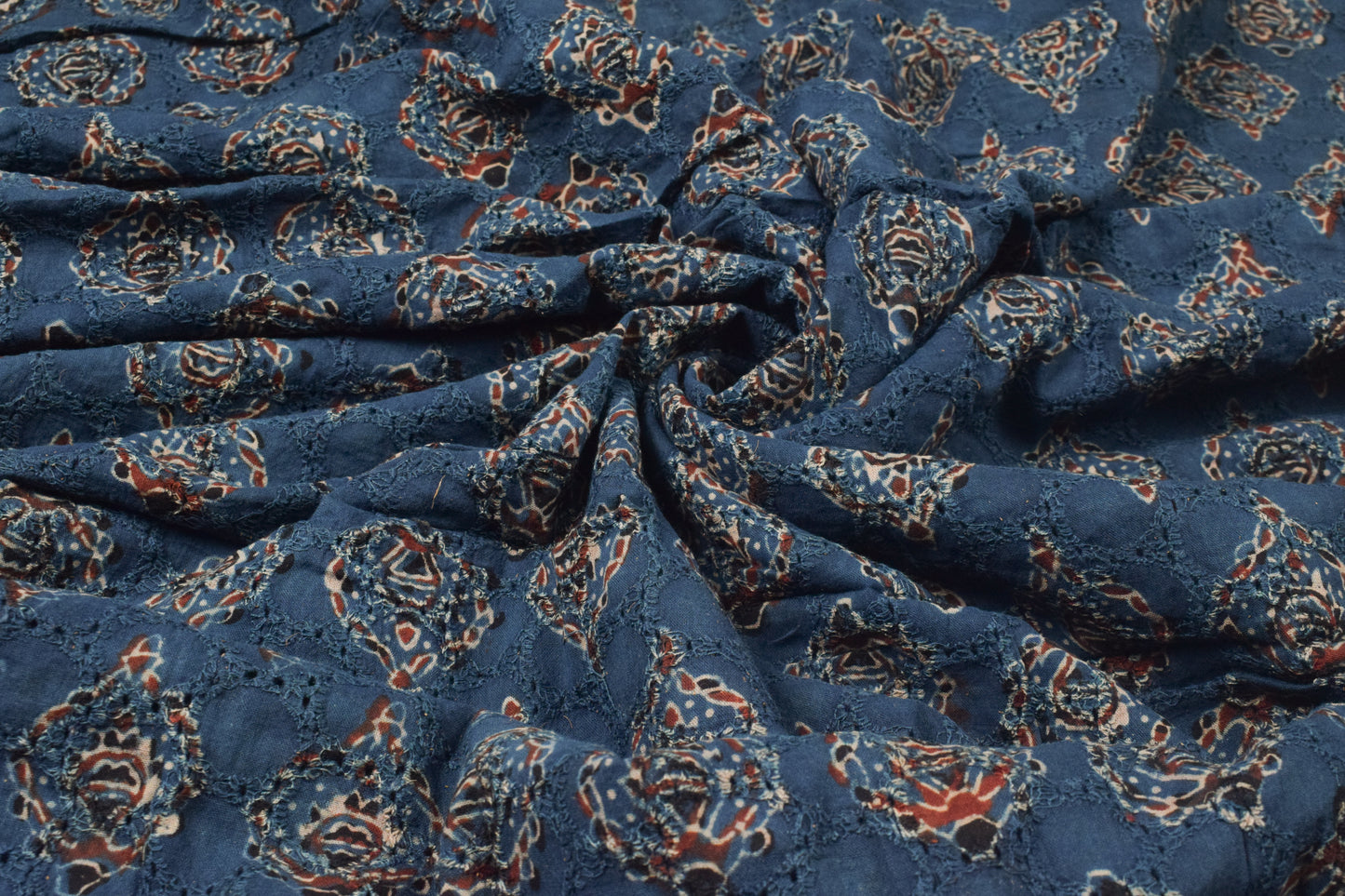 Ajrakh Cotton Natural Dye Hakoba Design Hand Block Print Unstitched Kurta Fabric  Mtr Length  1.5 Mtr  Length  -  SKU : AI06A05F