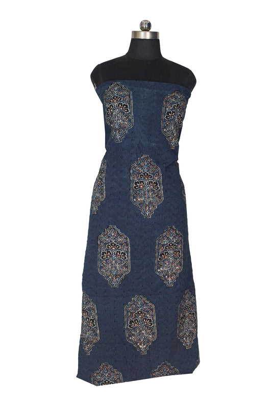 Ajrakh Cotton Natural Dye Hakoba Design Hand Block Print Unstitched Kurta Fabric  Mtr Length  3 Mtr  Length  -  SKU : MK12902D