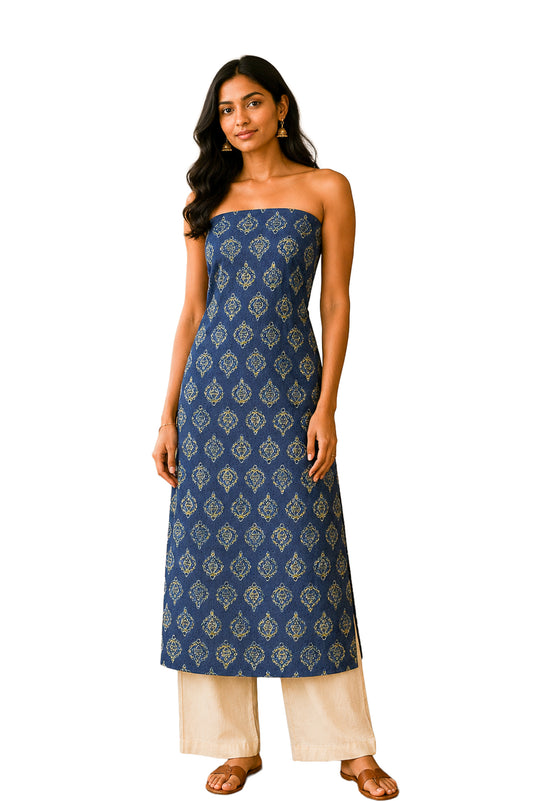 Ajrakh Cotton Natural Dye Hakoba Design Hand Block Print Unstitched Kurta Fabric  Mtr Length  2.5 Mtr  Length  -  SKU : AI06A04C