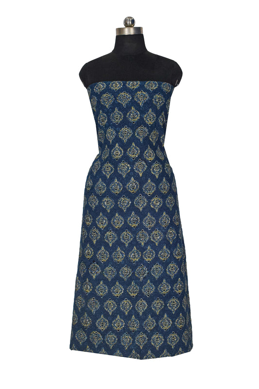 Ajrakh Cotton Natural Dye Hakoba Design Hand Block Print Unstitched Kurta Fabric  Mtr Length  2.5 Mtr  Length  -  SKU : AI06A04C