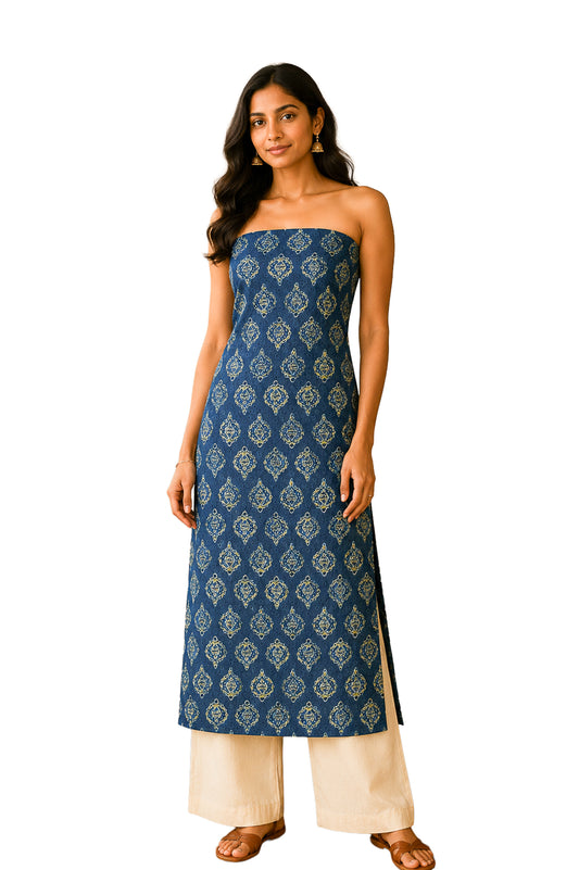 Ajrakh Cotton Natural Dye Hakoba Design Hand Block Print Unstitched Kurta Fabric  Mtr Length  1.5 Mtr  Length  -  SKU : AI06A05C